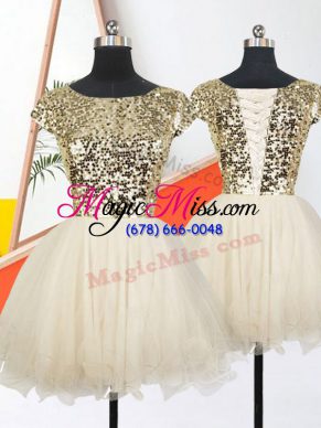 Luxurious Short Sleeves Mini Length Sequins Lace Up Prom Dresses with Champagne