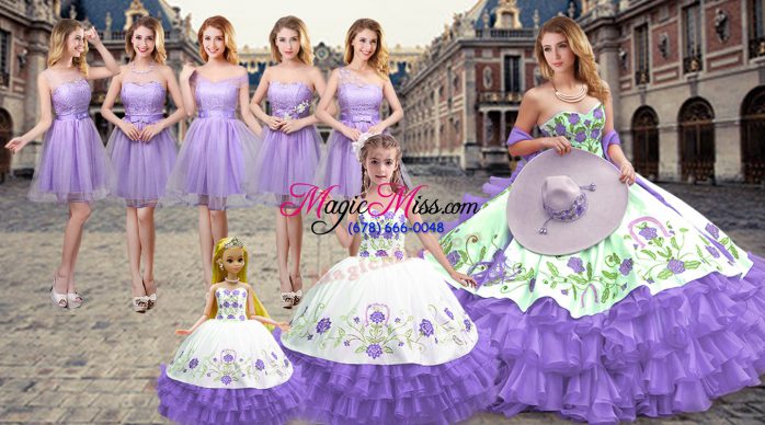 Superior Lavender Ball Gowns Satin and Organza Sweetheart Sleeveless Embroidery and Ruffled Layers Floor Length Lace Up Vestidos de Quinceanera