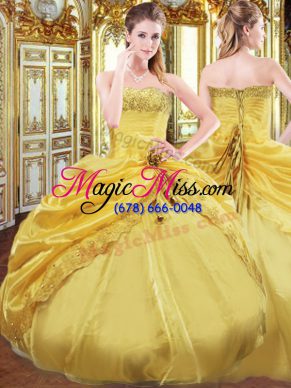 Dramatic Sleeveless Floor Length Beading and Pick Ups Lace Up Quinceanera Gown with Gold