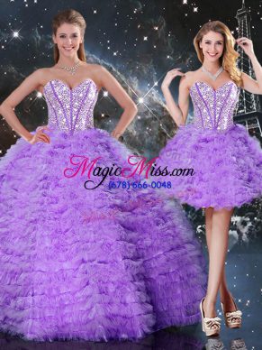 Sleeveless Floor Length Beading and Ruffled Layers Lace Up 15 Quinceanera Dress with Lavender