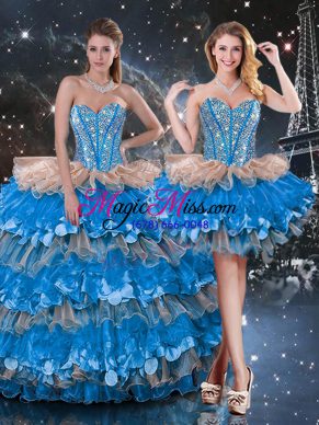 Custom Design Multi-color Ball Gowns Beading and Ruffles and Ruffled Layers Vestidos de Quinceanera Lace Up Organza Sleeveless Floor Length
