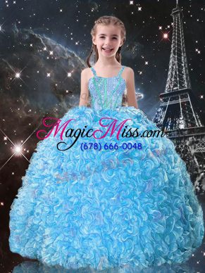 Organza Straps Sleeveless Lace Up Beading and Ruffles Little Girls Pageant Gowns in Aqua Blue