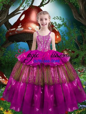 Trendy Fuchsia Organza Lace Up Child Pageant Dress Sleeveless Floor Length Beading and Ruffled Layers