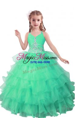Sleeveless Organza Floor Length Zipper Kids Pageant Dress in Turquoise with Beading and Ruffled Layers