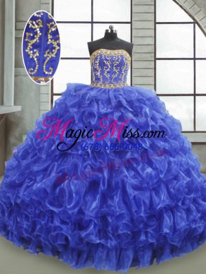 Strapless Sleeveless Sweet 16 Quinceanera Dress Floor Length Beading and Appliques and Ruffles Royal Blue Organza