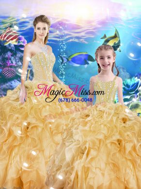 Gold Quinceanera Dress Military Ball and Sweet 16 and Quinceanera with Beading and Ruffles Sweetheart Sleeveless Lace Up