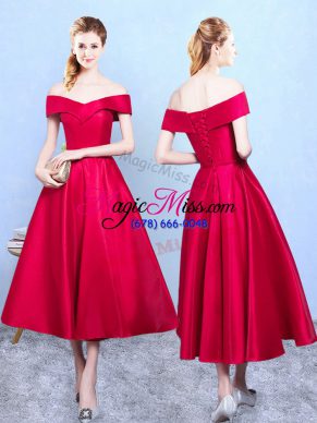 Vintage Tea Length Wine Red Bridesmaids Dress Off The Shoulder Sleeveless Lace Up