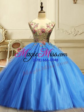 Sophisticated Floor Length Baby Blue Quinceanera Gown Tulle Sleeveless Appliques and Sequins