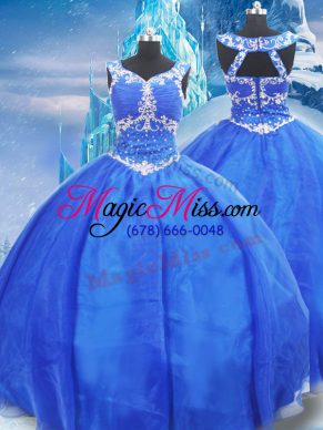 Beauteous Blue 15th Birthday Dress Military Ball and Sweet 16 and Quinceanera with Beading V-neck Sleeveless Zipper