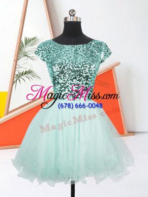 Apple Green Scoop Neckline Sequins Prom Gown Short Sleeves Lace Up