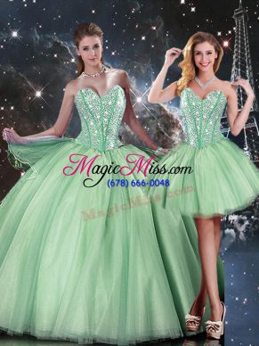 Luxury Apple Green Tulle Lace Up Sweetheart Sleeveless Floor Length Sweet 16 Quinceanera Dress Beading