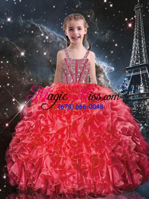 Organza Straps Sleeveless Lace Up Beading and Ruffles Little Girls Pageant Dress Wholesale in Coral Red