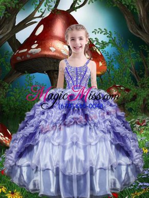 Purple Organza Lace Up Straps Sleeveless Floor Length Little Girls Pageant Dress Wholesale Beading and Ruffles and Ruffled Layers