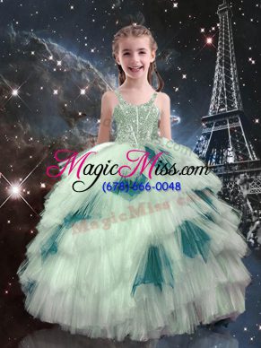 Inexpensive Sleeveless Tulle Floor Length Lace Up Little Girls Pageant Dress in White with Beading and Ruffled Layers
