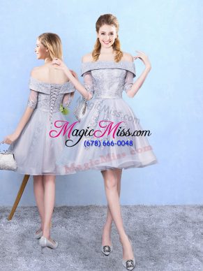Most Popular Grey Lace Up Off The Shoulder Appliques Quinceanera Dama Dress Tulle Half Sleeves