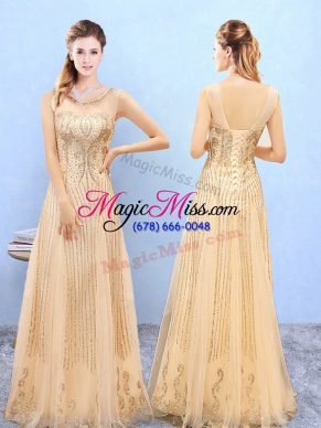 Beauteous Gold Organza Lace Up Scoop Sleeveless Floor Length Bridesmaid Gown Beading and Appliques