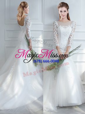 Modern Court Train Mermaid Wedding Gown White Scoop Tulle Long Sleeves Lace Up