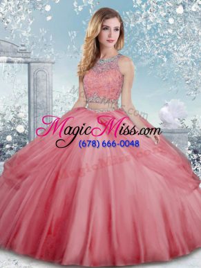 High Quality Tulle Scoop Sleeveless Clasp Handle Beading Quinceanera Gown in Watermelon Red