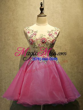 New Arrival Hot Pink Sleeveless Mini Length Embroidery Lace Up Prom Evening Gown