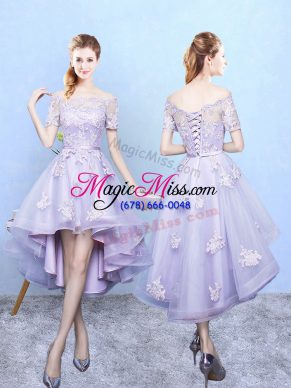 Superior Lavender A-line Lace Dama Dress for Quinceanera Lace Up Tulle Short Sleeves High Low