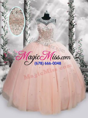 Pink Ball Gowns Beading and Sequins 15 Quinceanera Dress Lace Up Tulle Sleeveless Floor Length
