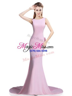 Sleeveless Elastic Woven Satin Brush Train Clasp Handle Homecoming Dress in Pink with Beading and Bowknot