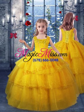 Lovely Gold Lace Up Girls Pageant Dresses Ruffled Layers Sleeveless Floor Length
