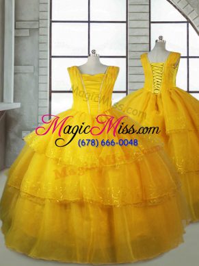 Pretty Floor Length Gold Child Pageant Dress V-neck Sleeveless Lace Up