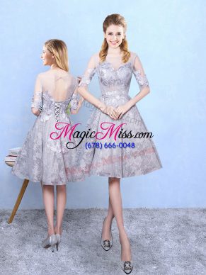 Scoop Half Sleeves Printed Wedding Guest Dresses Appliques Lace Up