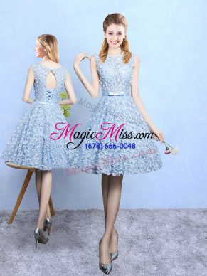 Light Blue A-line Printed Scoop Sleeveless Belt Knee Length Lace Up Quinceanera Court of Honor Dress