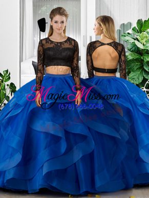 Simple Floor Length Blue Quince Ball Gowns Scoop Long Sleeves Backless