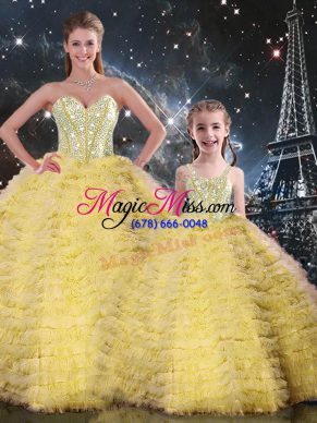 Flirting Yellow Tulle Lace Up Sweetheart Sleeveless Floor Length Ball Gown Prom Dress Beading and Ruffles