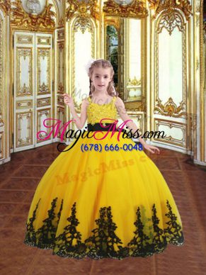 Trendy Gold Sleeveless Lace and Appliques Floor Length Pageant Gowns For Girls