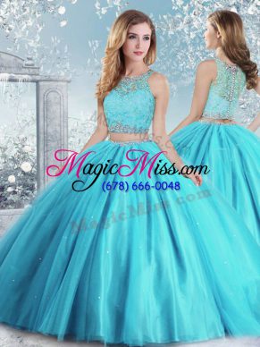 Tulle Sleeveless Floor Length Quince Ball Gowns and Beading and Sequins