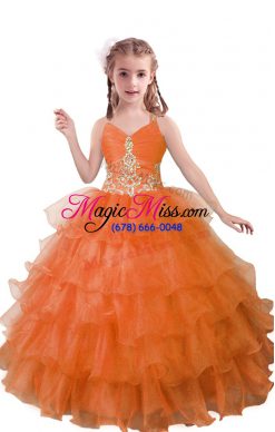 Trendy Orange Red Ball Gowns Beading and Ruffled Layers Little Girls Pageant Dress Wholesale Zipper Organza Sleeveless Floor Length