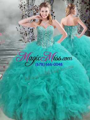 Floor Length Turquoise Quinceanera Gown Organza Sleeveless Beading and Ruffles