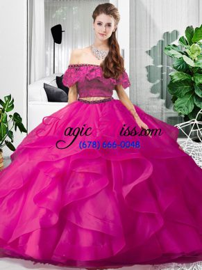 Latest Hot Pink Lace Up Off The Shoulder Lace and Ruffles Sweet 16 Quinceanera Dress Tulle Sleeveless