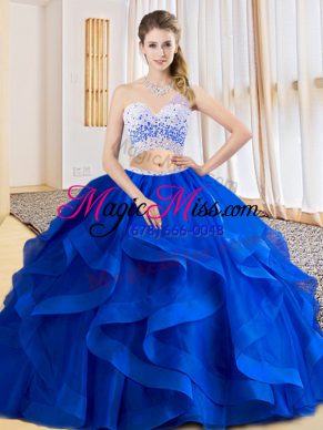 New Style Royal Blue One Shoulder Neckline Beading and Ruffles Sweet 16 Quinceanera Dress Sleeveless Criss Cross
