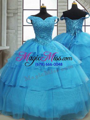 Chic Baby Blue Lace Up Off The Shoulder Beading and Ruffled Layers Quince Ball Gowns Organza Sleeveless Brush Train