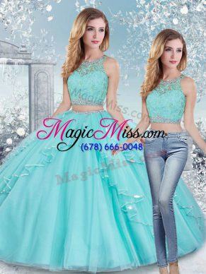 Great Aqua Blue Clasp Handle 15 Quinceanera Dress Beading and Lace and Sashes ribbons Sleeveless Floor Length