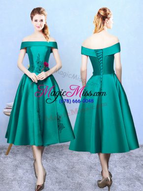 Flirting Taffeta Off The Shoulder Sleeveless Lace Up Appliques Quinceanera Court Dresses in Dark Green