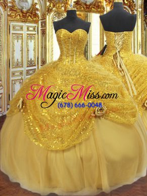 Gold Quince Ball Gowns Military Ball and Sweet 16 and Quinceanera with Pick Ups and Hand Made Flower Sweetheart Sleeveless Lace Up