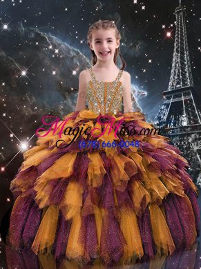 Floor Length Orange Little Girls Pageant Dress Wholesale Tulle Sleeveless Beading and Ruffles