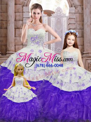 Cute Beading and Appliques and Ruffles 15th Birthday Dress White And Purple Lace Up Sleeveless Floor Length
