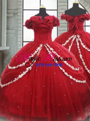 Dazzling Off The Shoulder Sleeveless Quinceanera Dress Brush Train Appliques and Pick Ups Wine Red Tulle