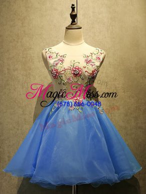 Flare Embroidery Prom Party Dress Blue Lace Up Sleeveless Mini Length
