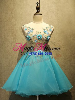 Mini Length Aqua Blue Prom Evening Gown Organza Sleeveless Embroidery