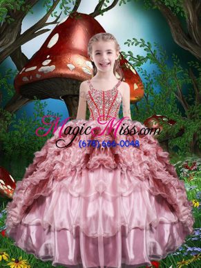 Adorable Baby Pink Straps Neckline Beading and Ruffles and Ruffled Layers Little Girl Pageant Gowns Sleeveless Lace Up