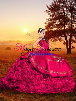 Traditional Red Ball Gowns Sweetheart Sleeveless Organza Brush Train Lace Up Embroidery and Ruffles Quince Ball Gowns