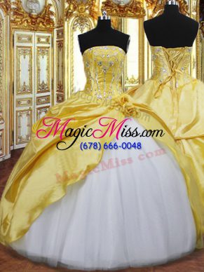 Glorious Sleeveless Taffeta Floor Length Lace Up Quinceanera Dresses in Gold with Beading and Hand Made Flower